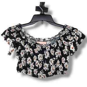 BOG Collective Women's Daisy Floral Smocked Flutter‎ Sleeve Cropped Top Black XS